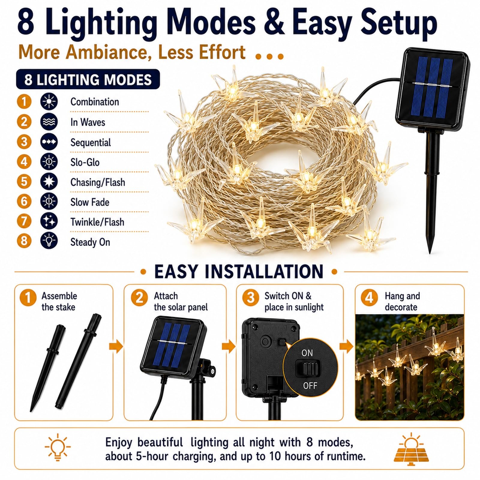 Hiseng Catena Luminosa Esterna Solare, LED Luci Solari Esterno da Giardino a Forma a Mille Gru di Carta, Lampade Solari Impermeabili per Campeggio, Terrazzo, Balcone (Bianco caldo,22m 200LED)
