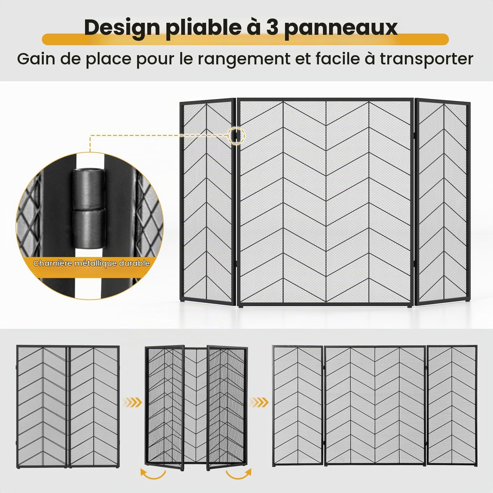 GIANTEX Écran de Cheminée 3 Panneaux, Pare-Feu de Cheminée 132 X 79 CM, Pare-étincelles pour Isolation des Étincelles et Cendres, Grille de Protection pour Poêle(Bande,132 x 79 cm)