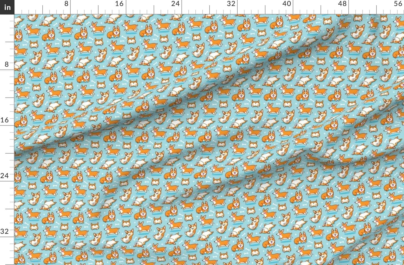 Spoonflower Fabric - Corgi, Lovers, Pet, Dog, Cartoon, Puppies, Dogs, Mint, Blue, Orange Printed on Organic Cotton Sateen Fabric by The Yard - Sewing Quilting Apparel Home Decor