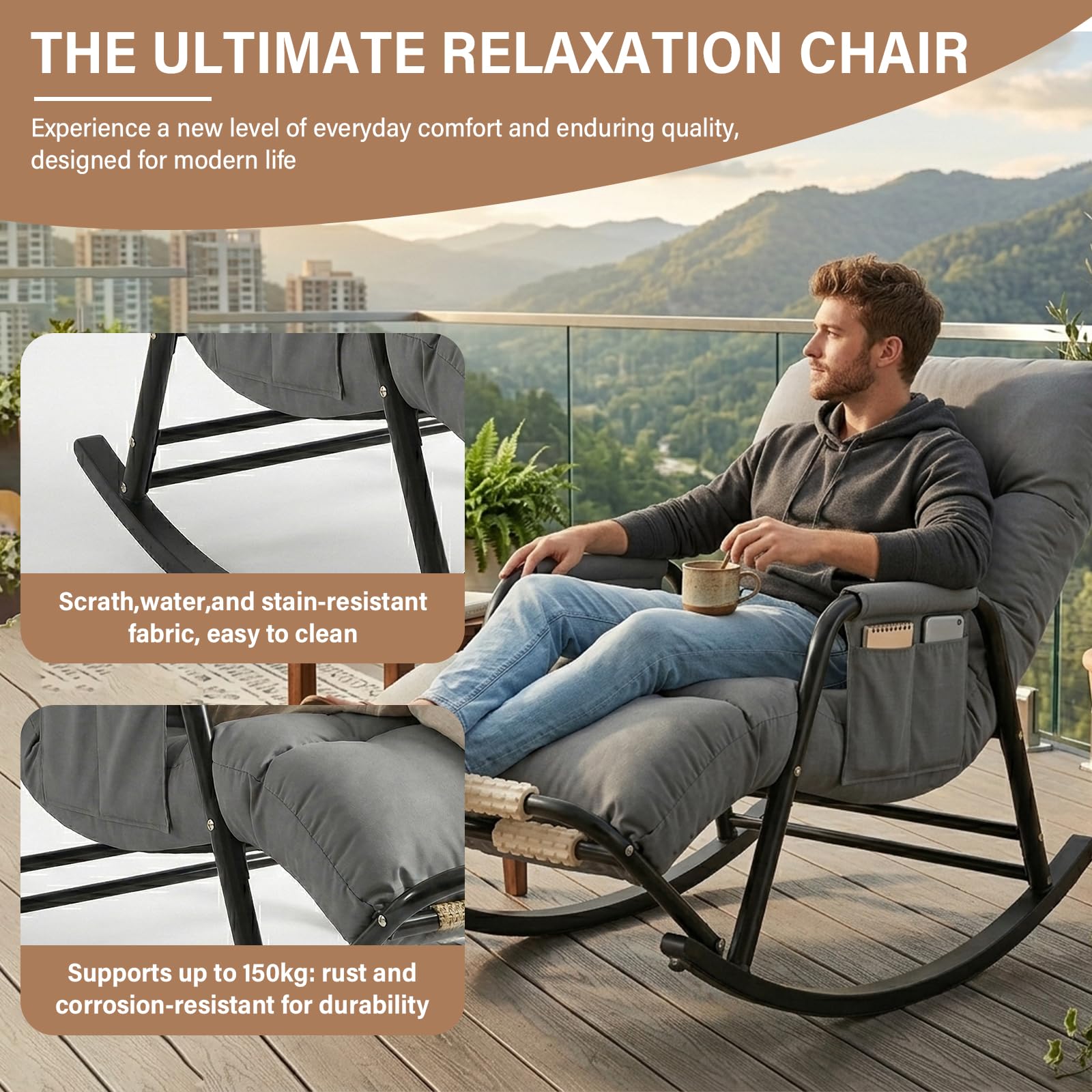 Fauteuil à Bascule avec Repose-Pieds, Dossier et Repose-Pieds Réglables 5 Positions, Repose-Pieds Massant, Revêtement Résistant, Structure en Acier, Gris, Salon, Chambre Bébé, 60×111×50 cm