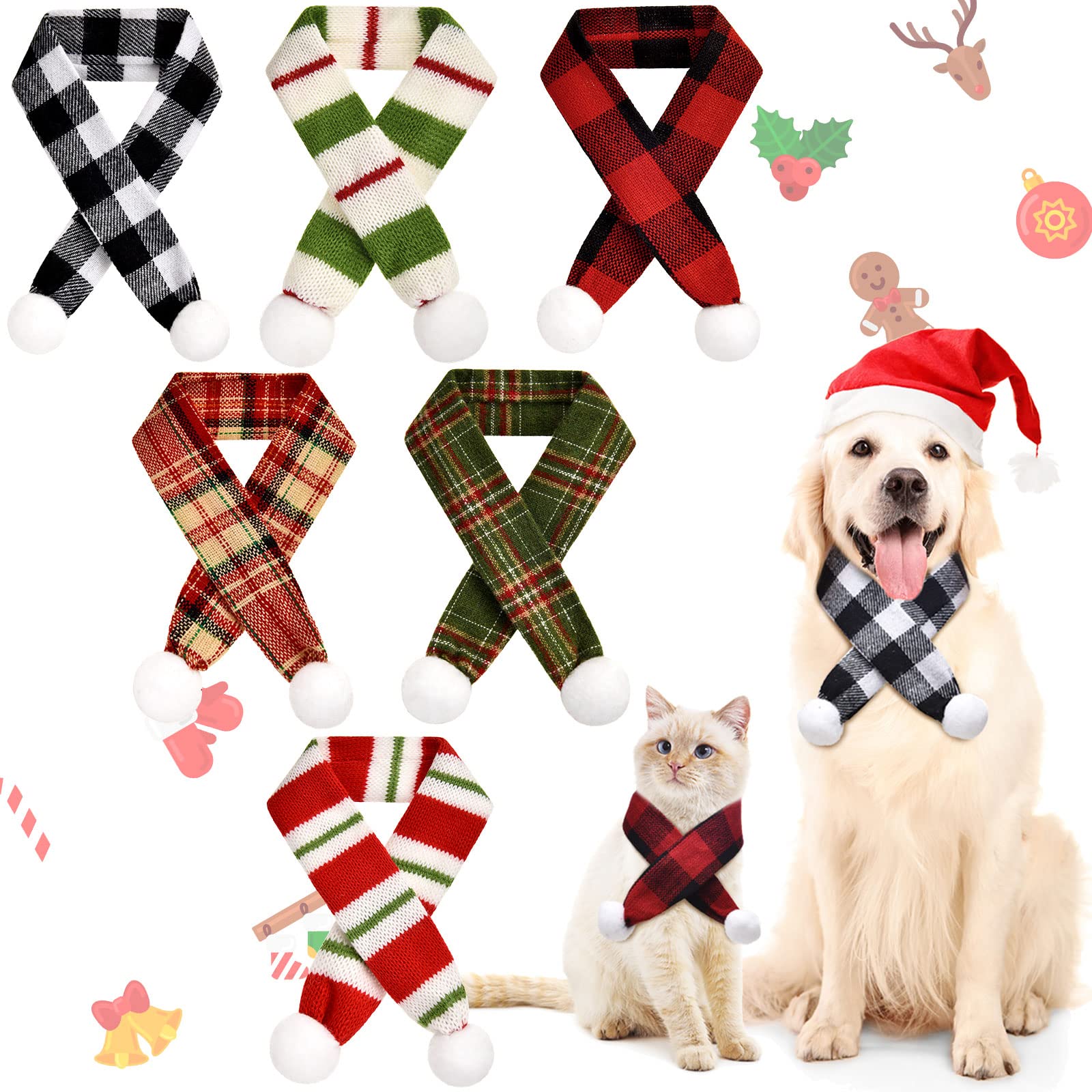 Pinkunn 6 Pcs Christmas Dog Cat Scarf Pet Dog Christmas Scarf Santa Scarf Classic Plaid Pet Scarf Winter Holiday Christmas Costume Decoration Accessories for Small Medium Dogs Cats Pets