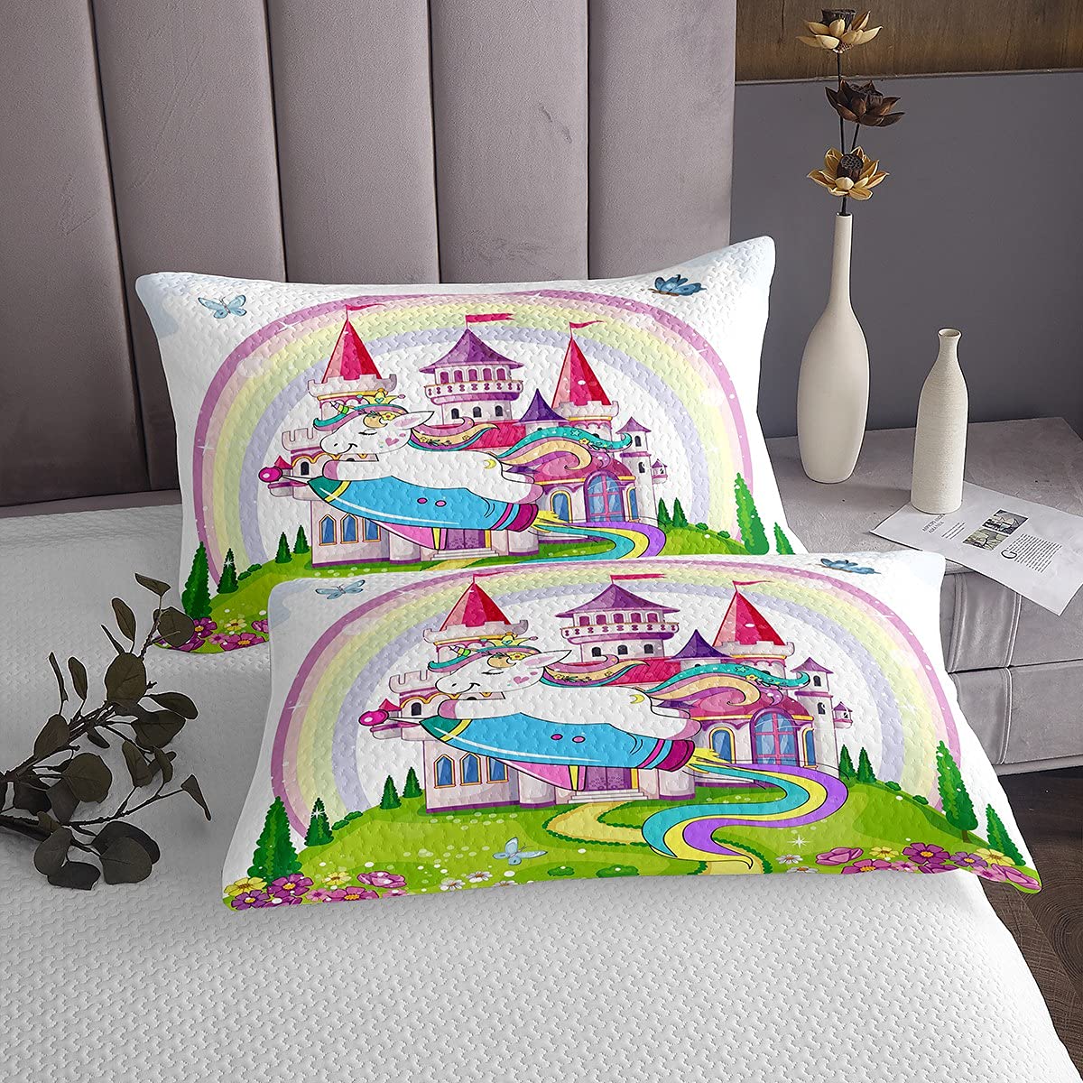 Loussiesd Set di biancheria da letto con motivo a unicorno, motivo a unicorno, per bambini, ragazze, arcobaleno, a righe, colore: neon, con motivo animale, per letto singolo, 2 pezzi