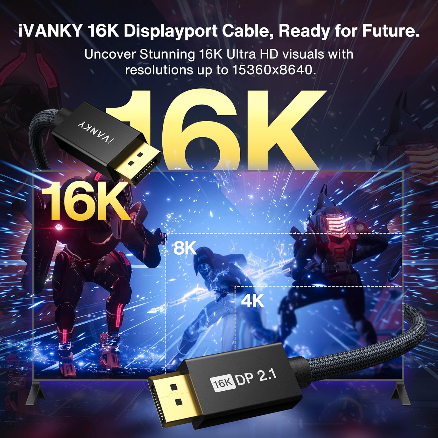 IVANKY DisplayPort 2.1 Cable, 15ft, 16K@60Hz, 8K@120Hz, 4K@240Hz, HDR, HDCP 2.2, 3D, ARC, Compatible with Gaming Monitor, TV and More