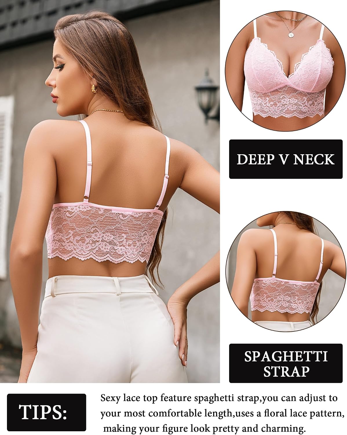 Avidlove Bralettes for Women Y2k Tank Tops Camisole Lace Wireless Lingerie Bra V Neck Basic Camisoles Pink