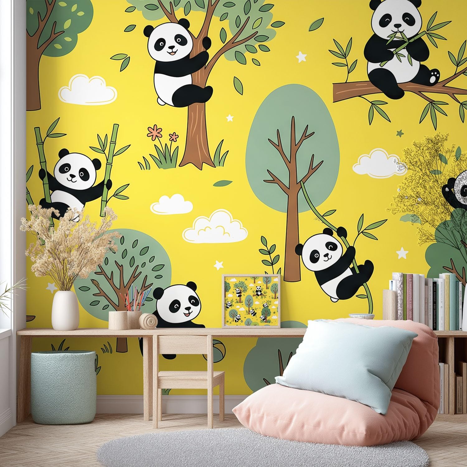 Tapeta 3D, kreskówka, zwierzę, 315 x 215 cm, mural, panda, drzewo, chmura, tapeta mural do sypialni, przedszkola, malowniczego ogrodu