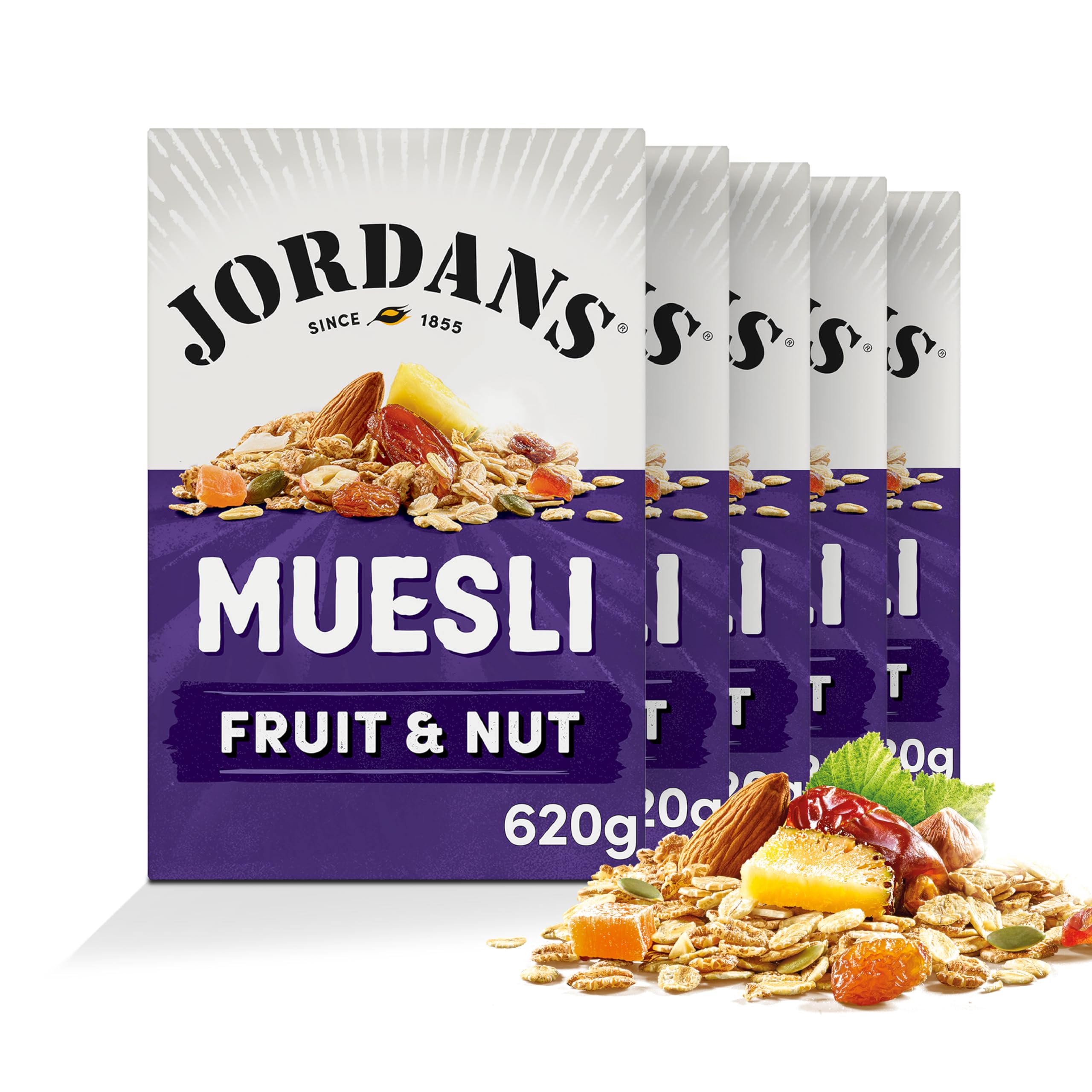 Jordans Muesli Oat Breakfast Cereal with Fruit and Nut - British Baked High Fibre Cereal - No Artificial Flavours or Preservatives - 620g (Pack of 5 x 620g)