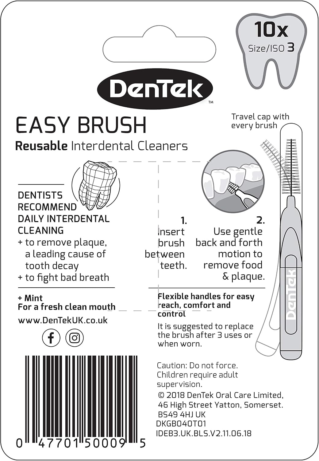 DenTek Easy Brush Interdental Brushes, ISO3/0.6mm for Removing Food and Plaque Between Teeth. 10 Pack