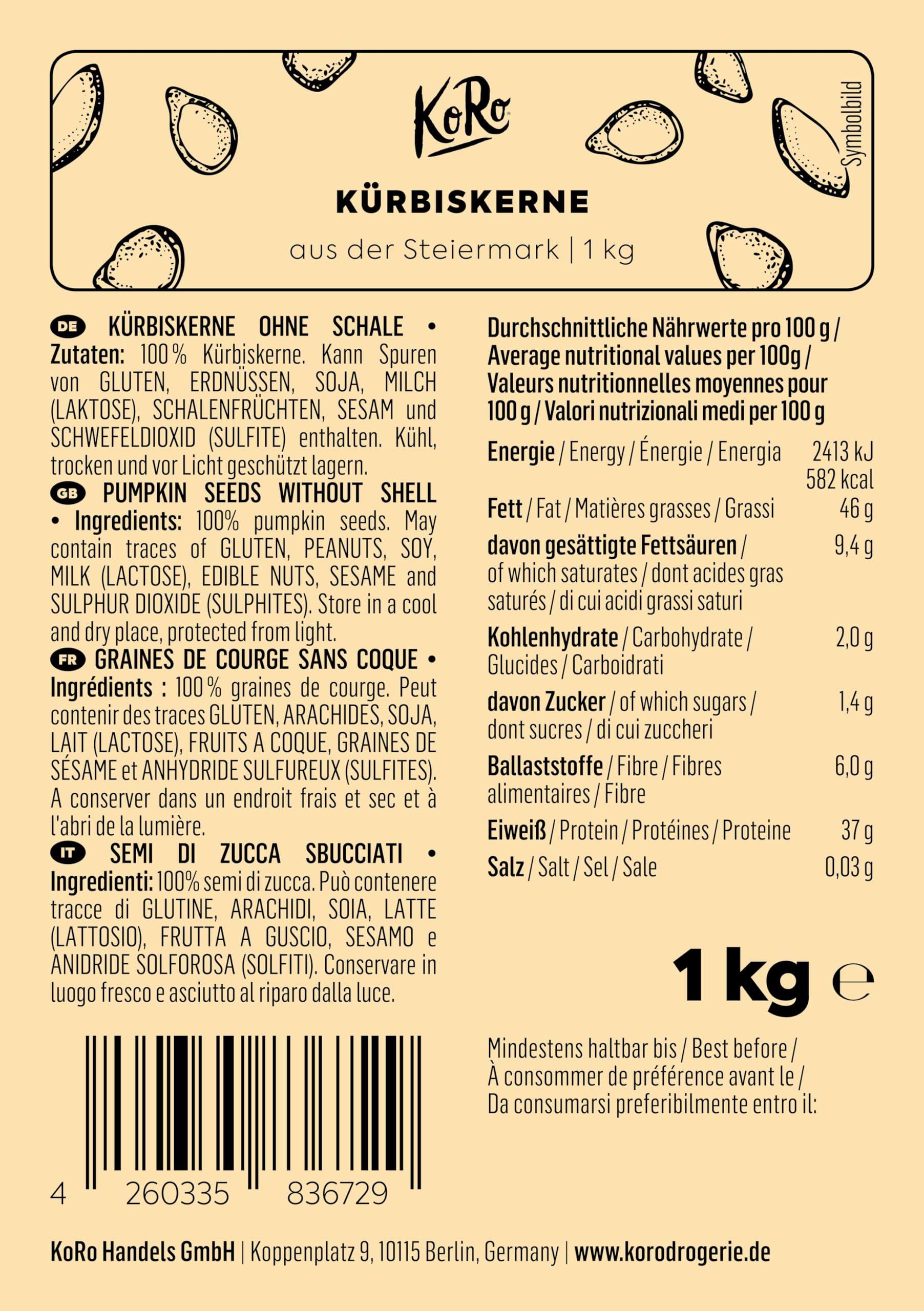 KoRo - Graines de courge de Styrie 1 kg - Naturel et non grillé, sans sel ni peau