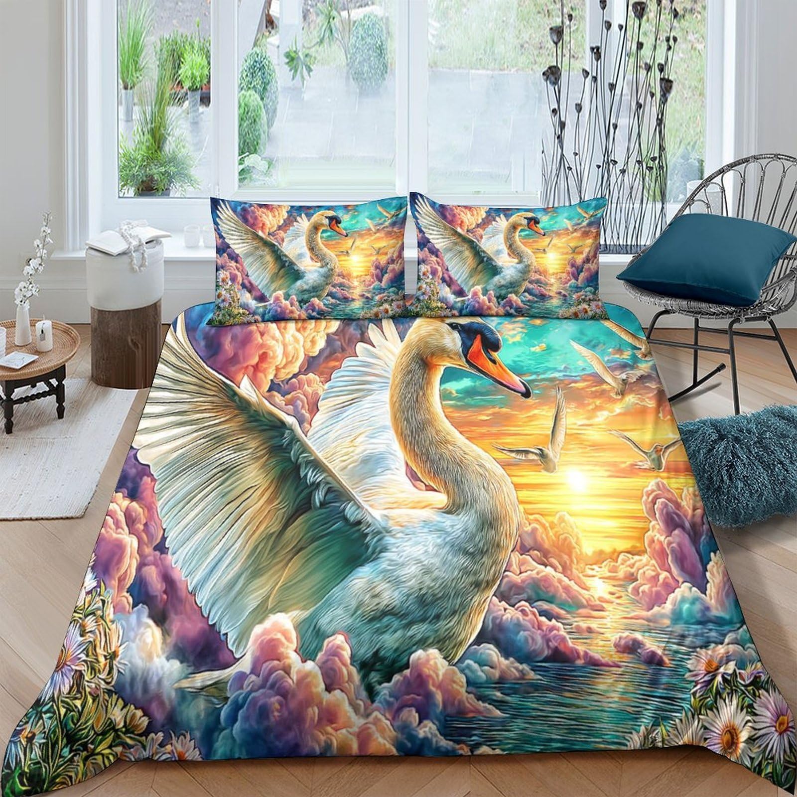 Parure de couette 3 pièces motif cygne en tissu microfibre respirant de qualité supérieure