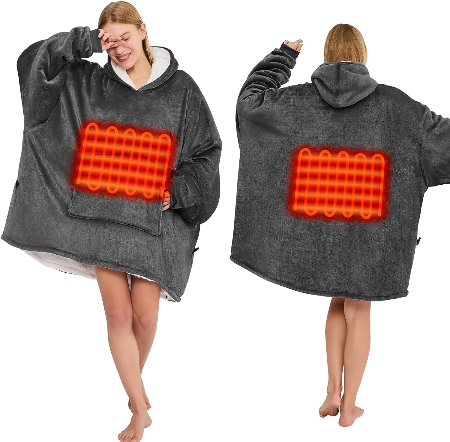 CYMULA Heated Blanket Hoodie, Oversized Wearable Heated Blanket Hoodie Portable Cordless Heating Hooded, 3 Heat Settings Electric Wearable Blankets for Women Men with Power Bank, Grey - Image 5