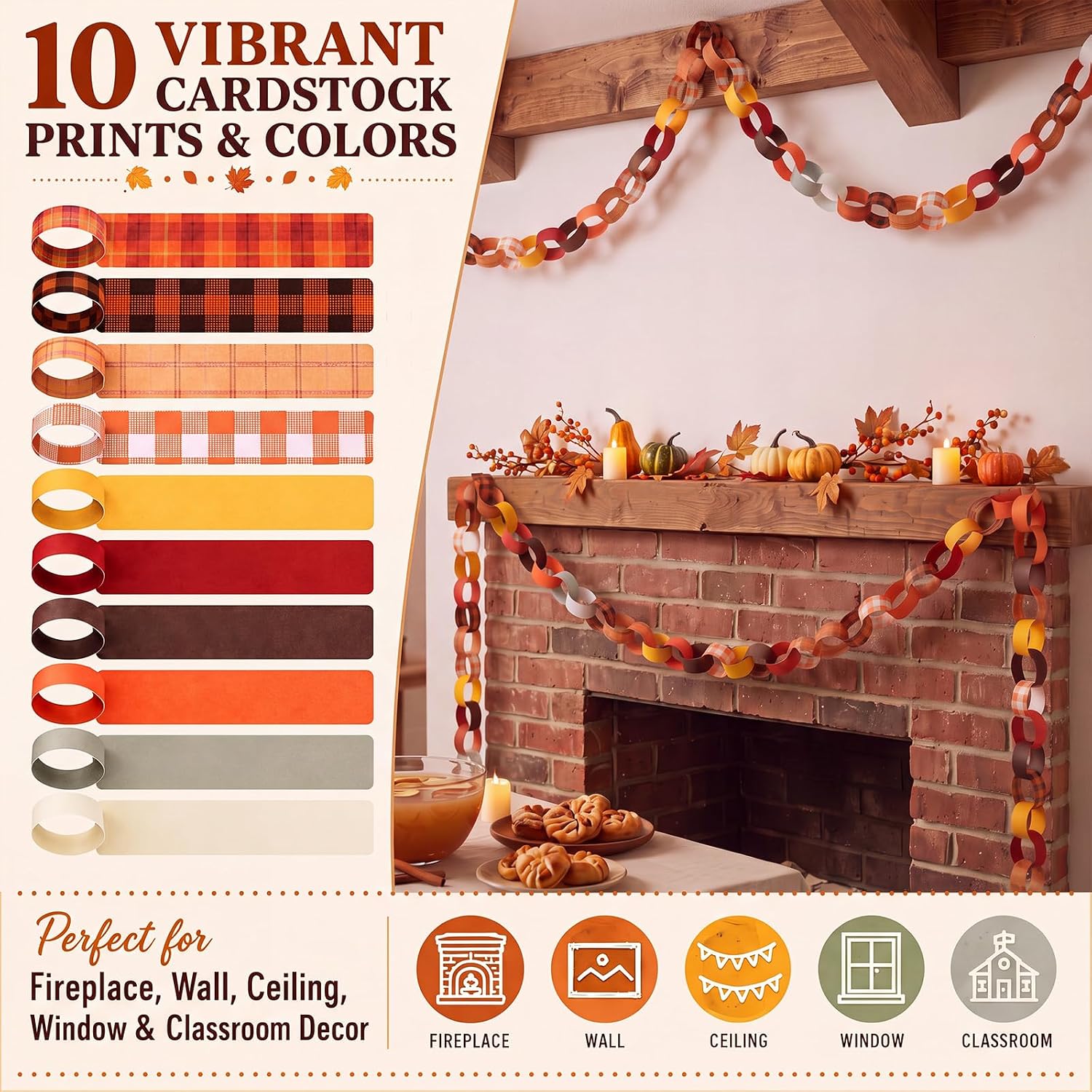 600 Sheets Fall Paper Chain Strips Garland, Plaid, Self Locking, 1x8 in