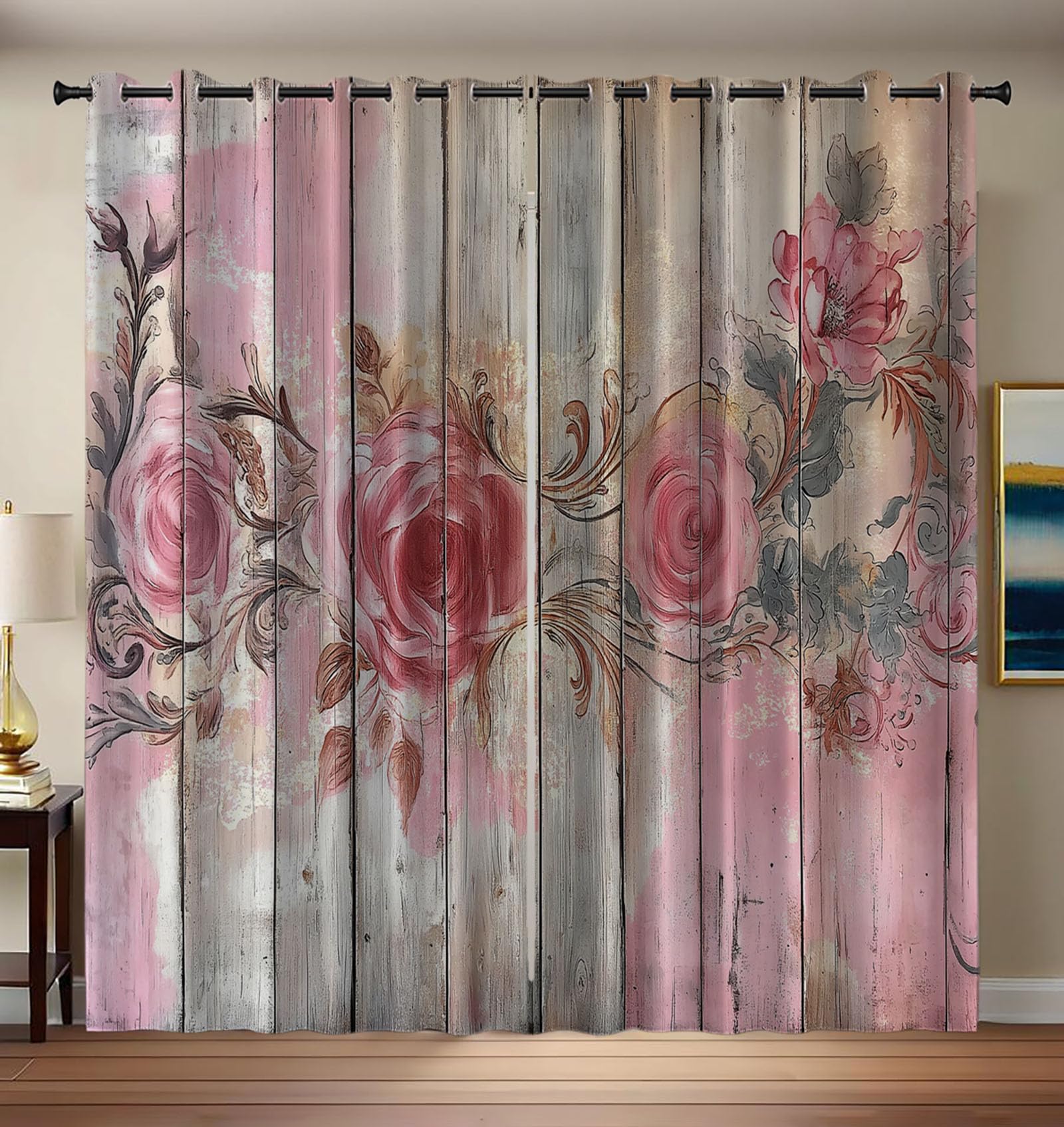 Rideau occultant retro fleurs roses sur bois tissu thermique premium 140x200