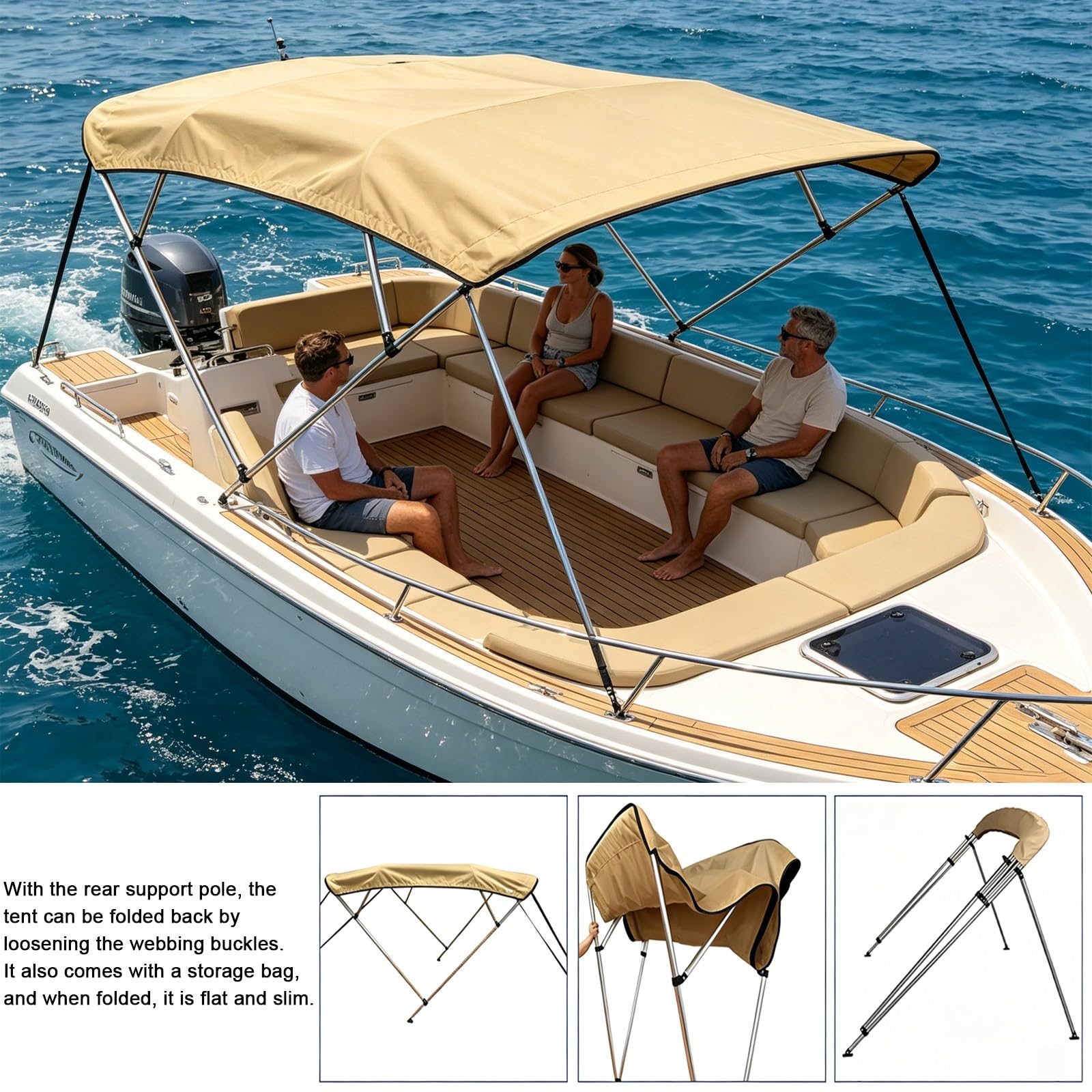 Tendalino Barca 4 Archi, Tendalino Bimini per Imbarcazione, Struttura in Alluminio, Tessuto Oxford 900D, con Custodia, 2 Pali di Supporto Posteriori e 2 Cinghie(230-260cm/90-102in)