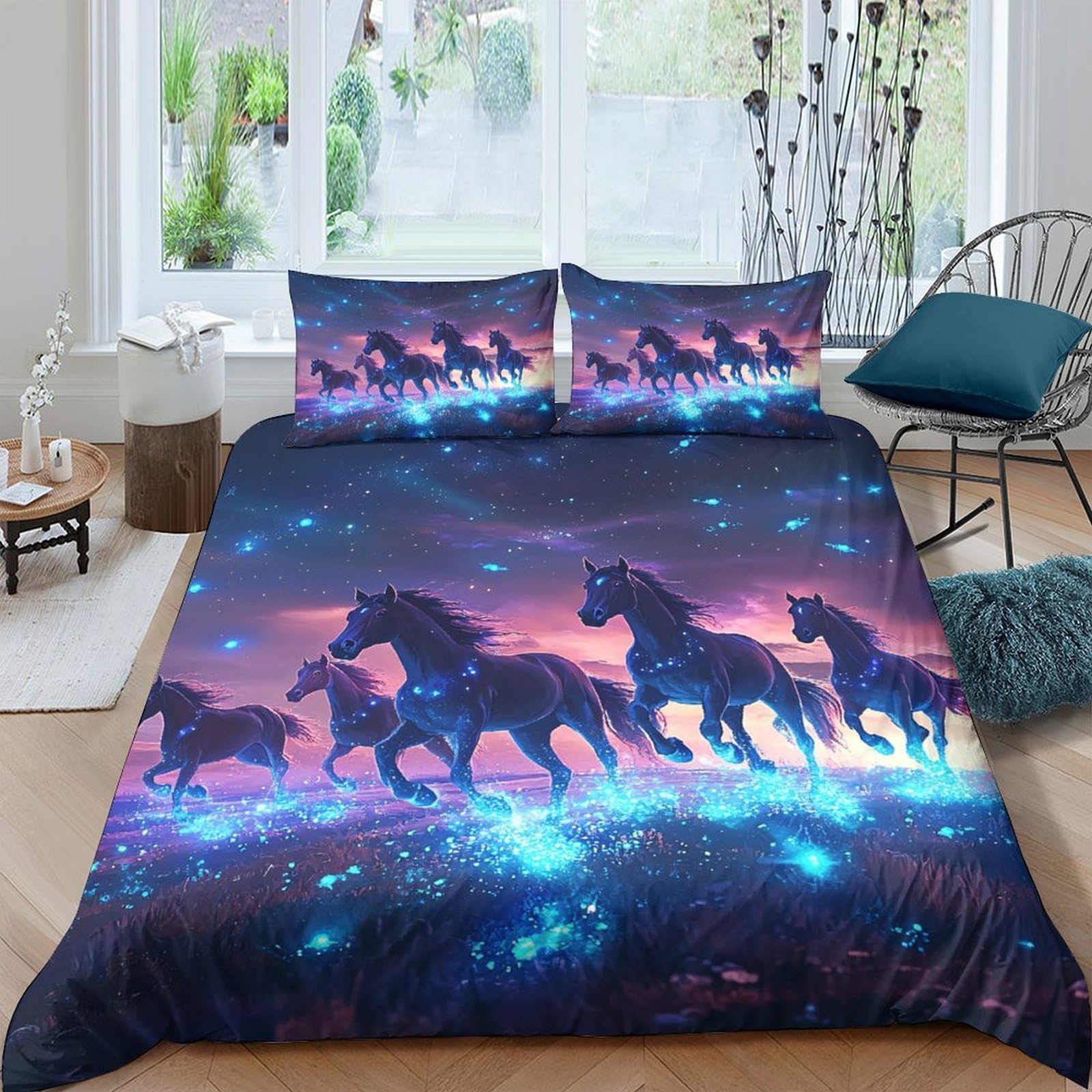 Ctjqhvkz Style-3 3D Printed Fantasy Running Horse Fitted Sheet Microfiber Soft Decorative Night Sky Bed Cover For Bedroom Dorm Single（135X200cm）