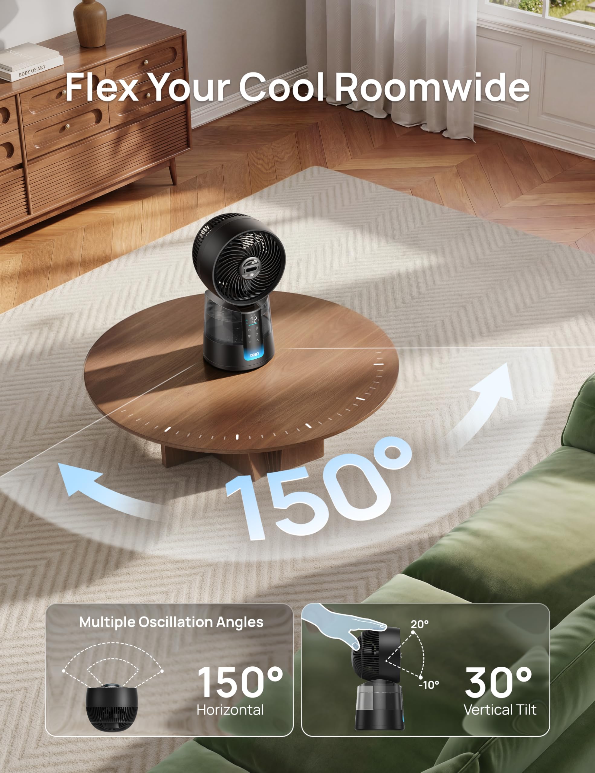 DREO TurboCool 516 Nebelventilator omnidirektionaler oszillierender Computerkühler, 150°+30°, Verdunstungsluftkühler, 7,9m/s Wind, ultradünner Nebel, 20dB