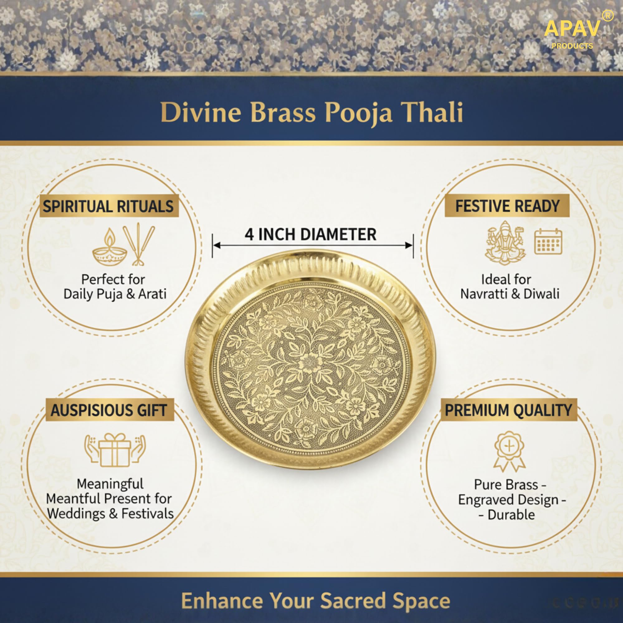 APAV Brass Pooja Thali 4 Inch – Pure Brass Mini Puja Plate for Aarti, Kumkum & Daily Worship – Handcrafted Traditional Pooja Plate for Home Temple & Gifting (4 inch (Golden)) 2