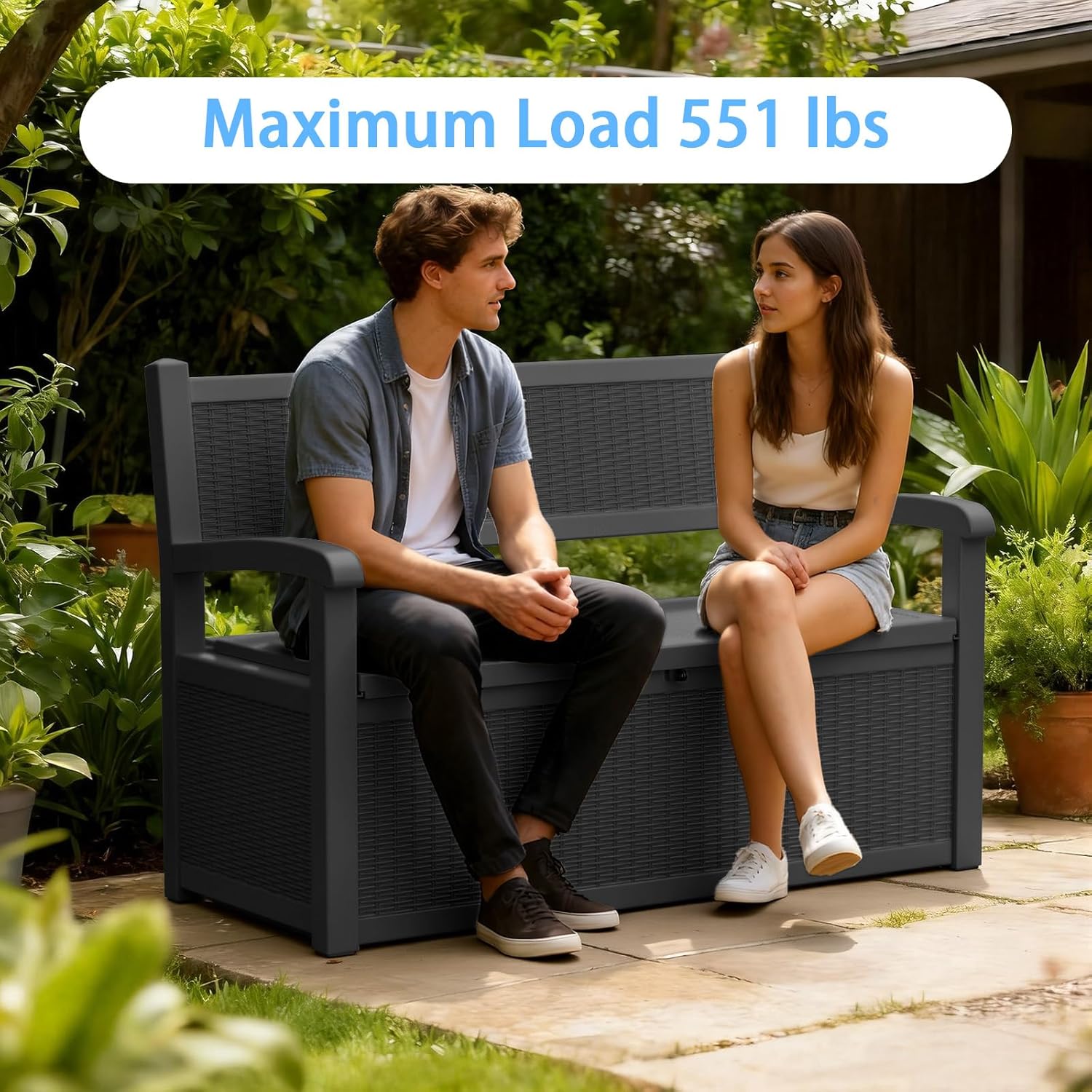 Pepe Tee 51" Wicker-Look Outdoor Storage Bench, Resin Deck Box with Backrest and Armrests, All-Weather Seating, Black
