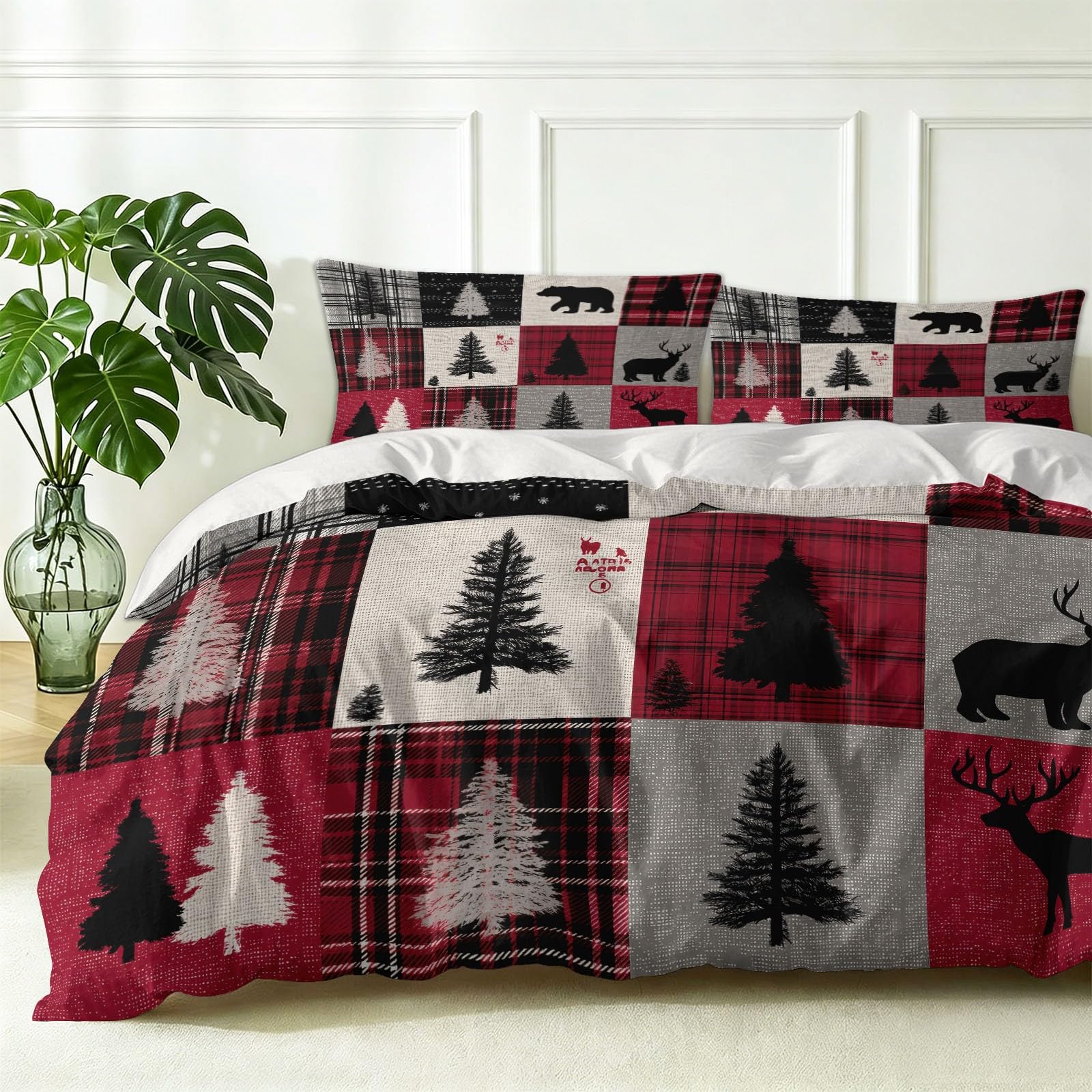 King American Country zestaw pościeli z poszewkami na poduszki, ultrasoftowa mikrofibra, luksusowa, nie wymaga prasowania, z zamkiem błyskawicznym, bożonarodzeniowa, patchworkowa, tartan