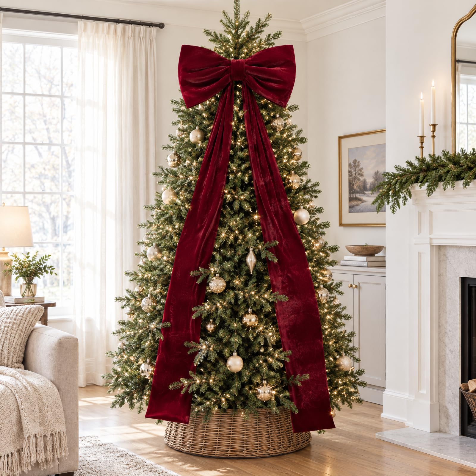 Christmas Decorations - 6.5 Ft Giant Bow for Christmas Tree Decor | Red Velvet Oversized Christmas Tree Topper for Window, Wall, Mantel, Indoor Home Party and Valentine's Day