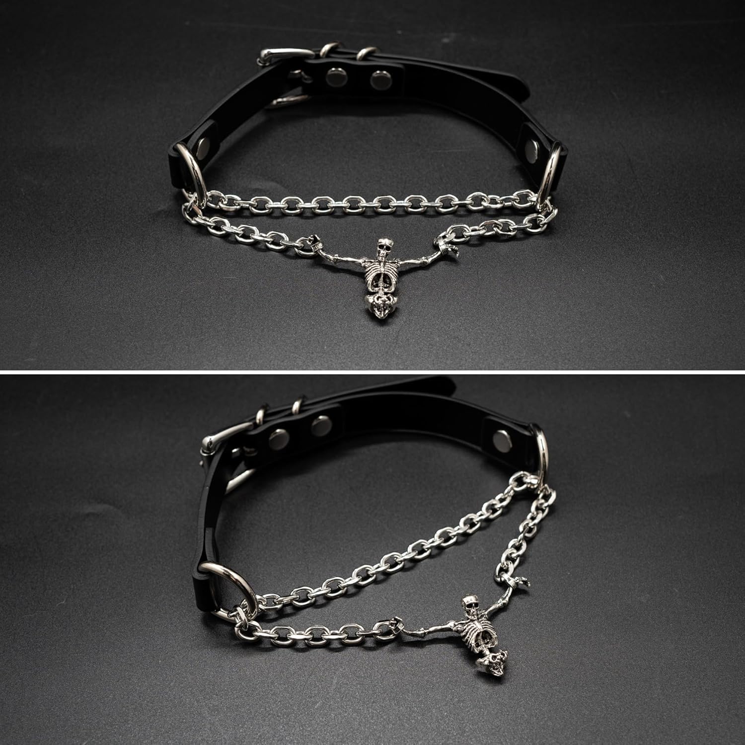 Gothic Skull Choker Necklace For Women, Halloween Skeleton Pendant Slip Chain Necklace with Adjustable Vegan Leather Buckle - Image 3