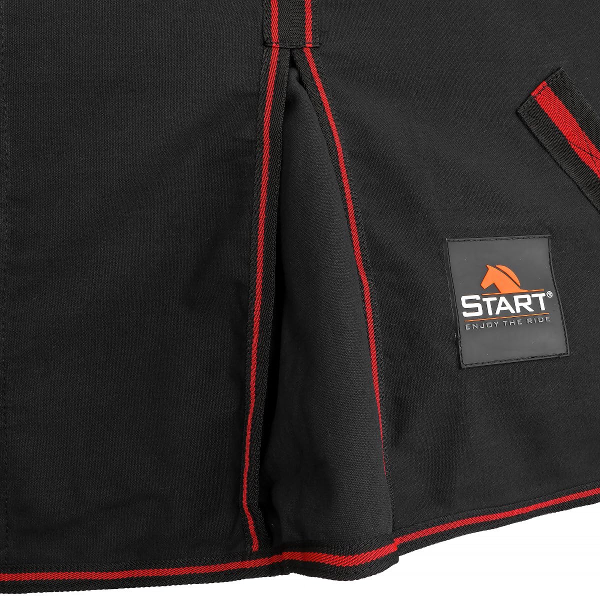Start Stalldecke Pferd Baumwolle & Polypropylen - atmungsaktive Pferdedecke mit Kreuzgurten, Schweiflatz & Widerrist-Polsterung - robust & komfortabel - Cotton (Schwarz/Rot, 135cm (0g/m²))