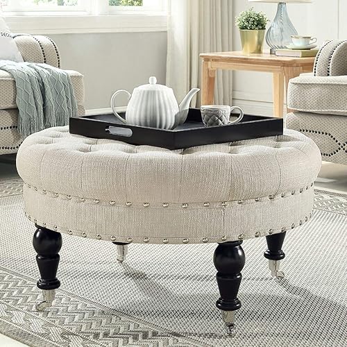 24KF Large Round Upholstered Tufted Button Linen Ottoman Coffee Table, Large Footrest Bench with Casters Rolling Wheels-Ivory