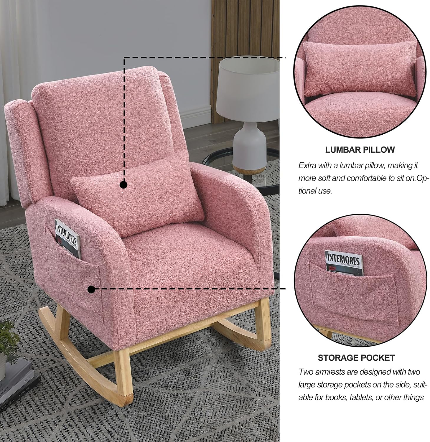 Modern Rocking Chair for Nursery, Upholstered Accent Rocker Single Sofa Armchair with High Back Backrest Armrest Side Pocket for Living Room Baby Room Bedroom Office Pink Teddy