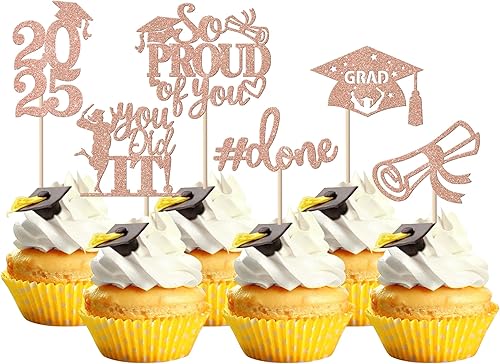 Miniatura 8 de Paquete de 24 adornos dorados para cupcakes de graduación 2025 con purpurina So Proud of You Done Diploma Graduation Cap Cupcake Picks Class of 2025