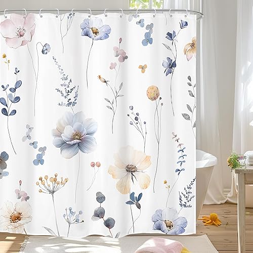 Omifly Cortina de ducha con diseño floral de acuarela, cortinas de ducha de primavera con flores azules y beige para baño, juego de cortina de ducha