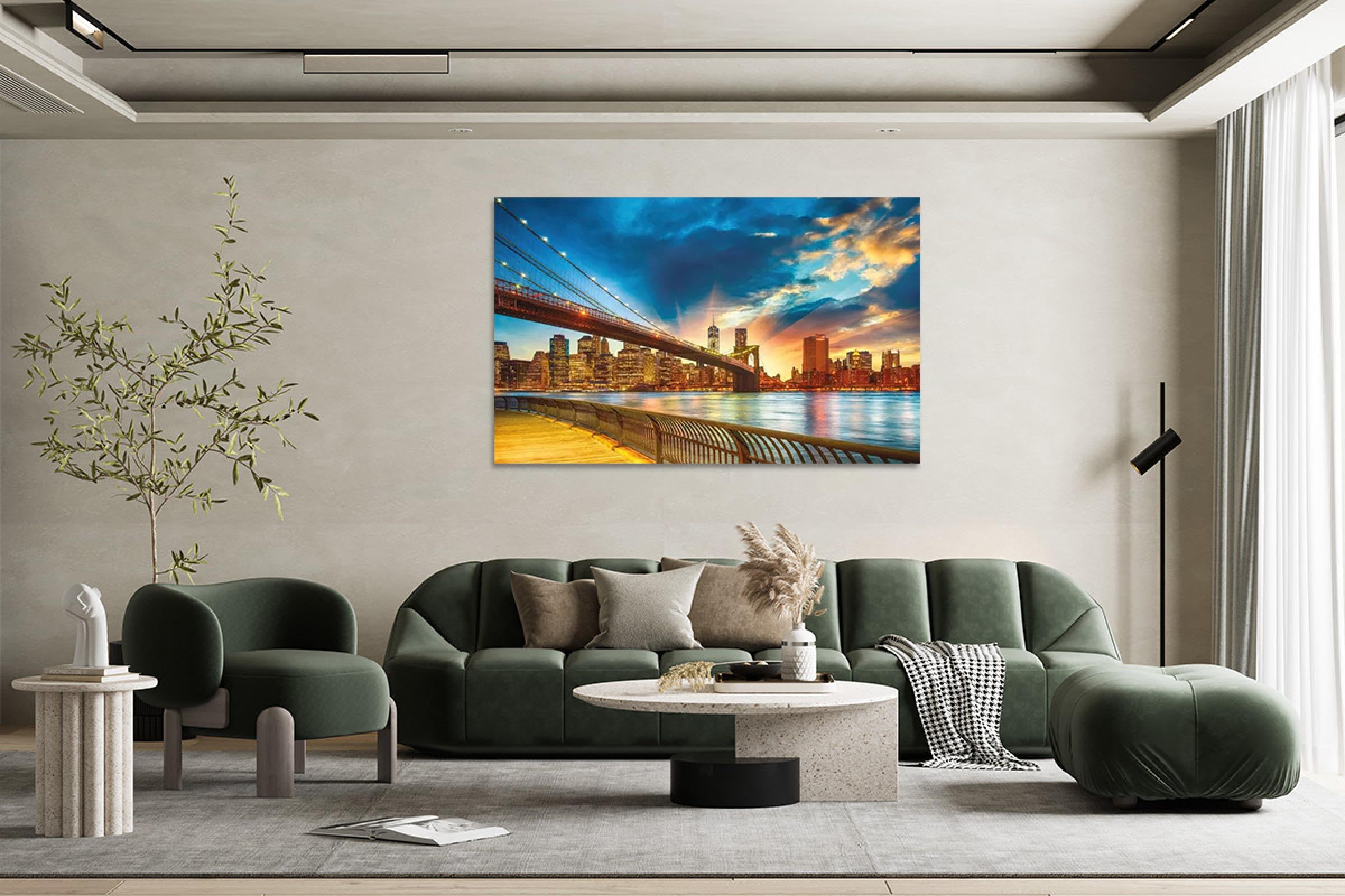 Stadtlandschaft Leinwandbild mit Rahmen Fertig zum Aufhängen-Landschaftsbilder auf Leinwand-Panorama Wandbilder Wohnzimmer-Brücken Gebäude Sunset 60x95cm Umwickelte Leinwand