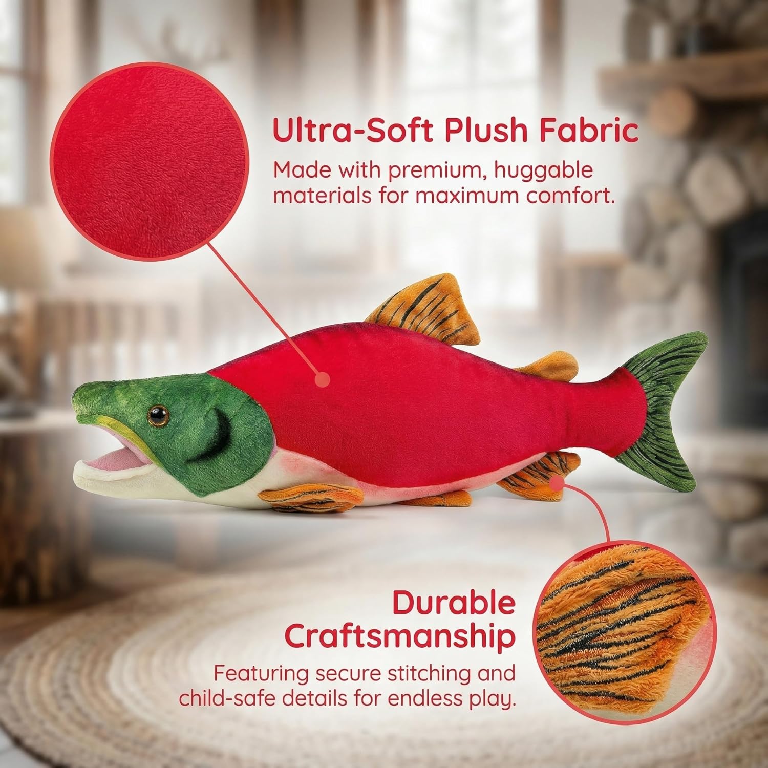 Simulation Sockeye Salmon Stuffed Animals 15inch, Cute Soft Sockeye Salmon Fish Plush Toy Children Room Decoration Pillows