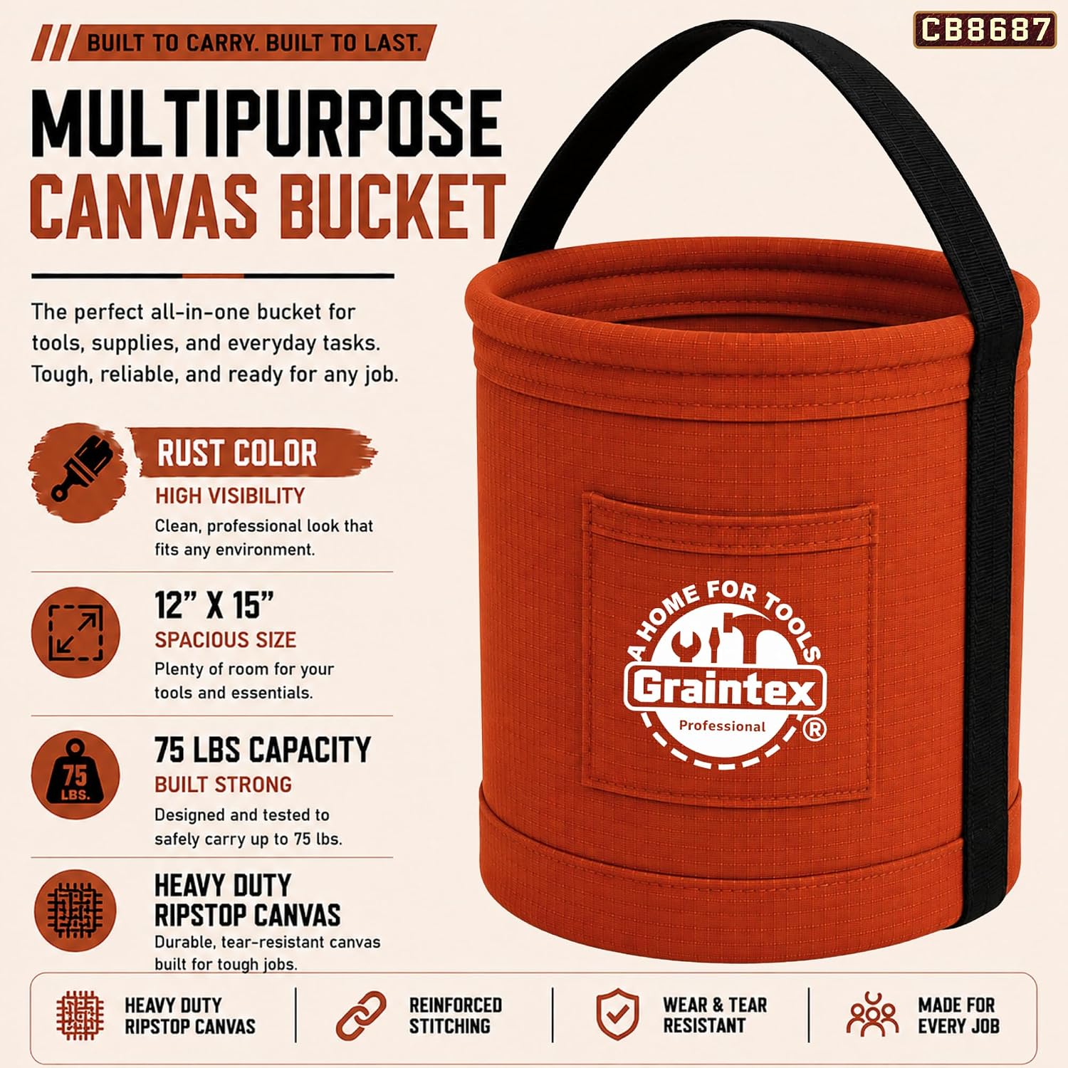 Graintex Canvas Utility Bucket 12"x15", Round Tool Bucket, Reinforced Base & Carry Handle, Ripstop Canvas, Multi-Purpose Bag for Jobsite, Gardening, Home Use, Ideal for Tool Storage Solutions - Rust