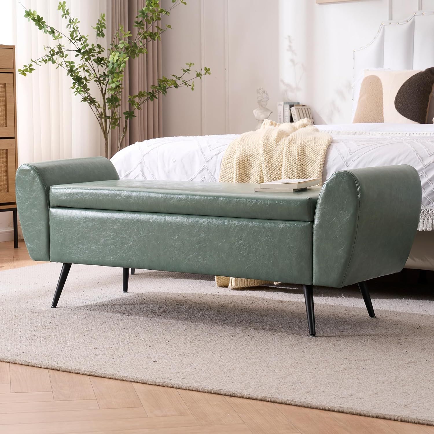 Storage Bench for Bedroom, 55" Extra Long Bench for King Size Bed, Modern Upholstered End of Bed Ottoman Bench with Arms for Entryway Living Room (Vegan Leather, Sage Green)