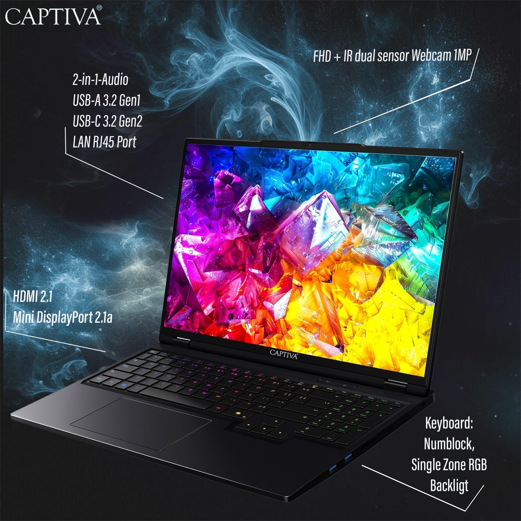 Captiva Notebook Highend Gaming R98-056CH | AMD Ryzen 9 9955HX | 16GB DDR5 RAM | GeForce RTX 5080 16GB | 1 TB SSD | 16 Zoll WQXGA 300Hz | ohne OS