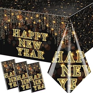 GREHUMOR 3pcs New Years Eve Tablecloth Party Decoration Happy New Year Gold and Black Golden Dot Disposable Plastic Waterproof Table Cover for 2024 New Year Table Supplies