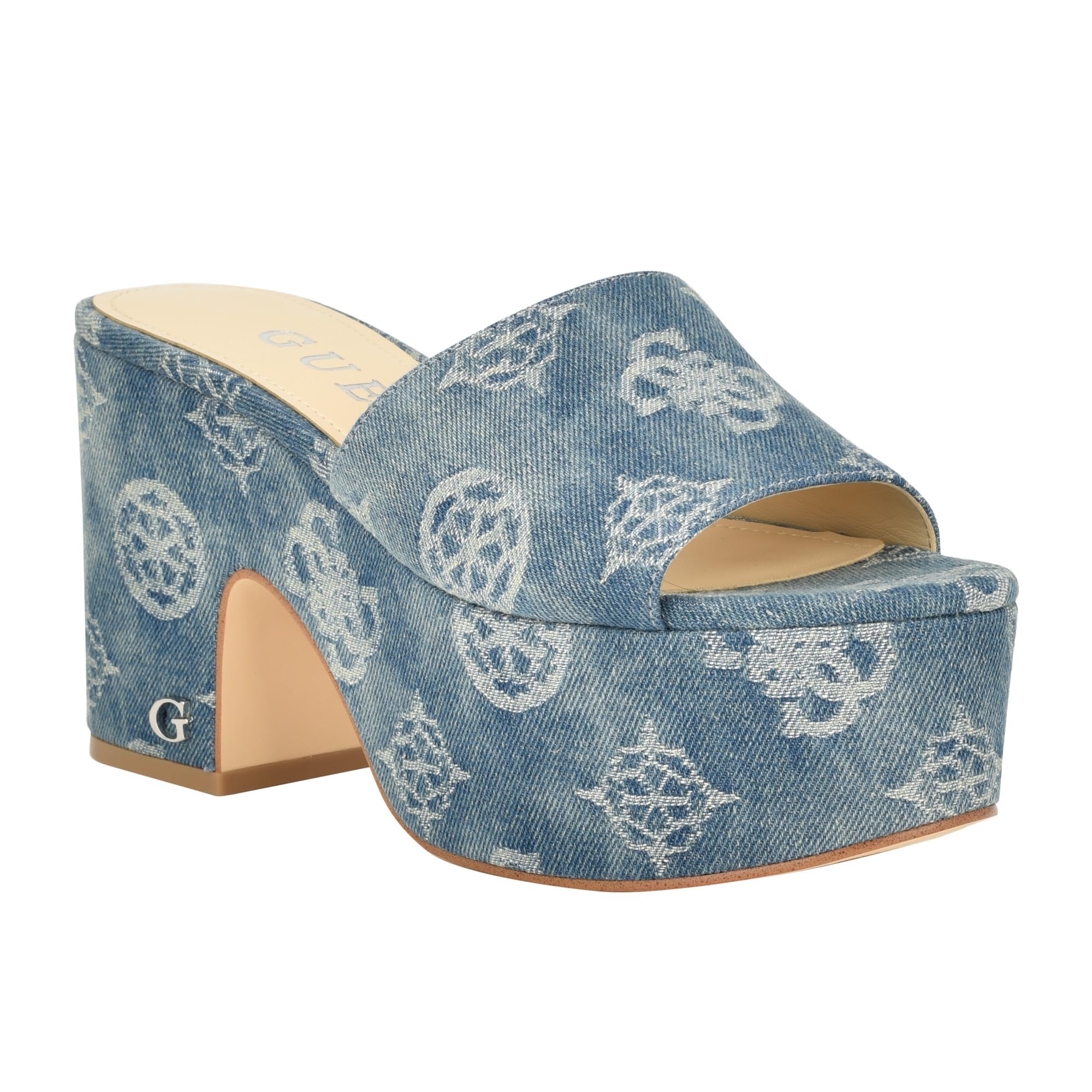 GUESS Women's Yapplea Heeled Sandal, Blue Denim Logo, 8.5 UK