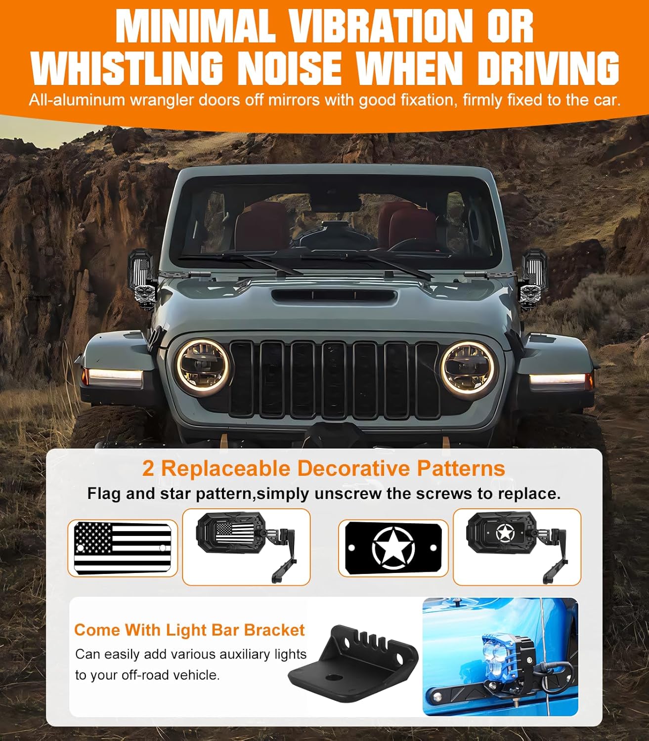 Aluminum Wrangler Mirrors Doors Off for 2018-2025 Jeep Wrangler JL/JLU & Gladiator JT, Wider View Foldable Side Mirror Replacement with Light Bar Bracket, No Vibrate & Wobble, Not Fit Doors On