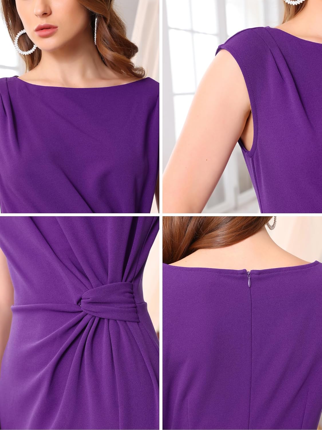 Women's Sheath Dress Boat Neck Formal Ruched Midi Office Work Dresses - Image 5