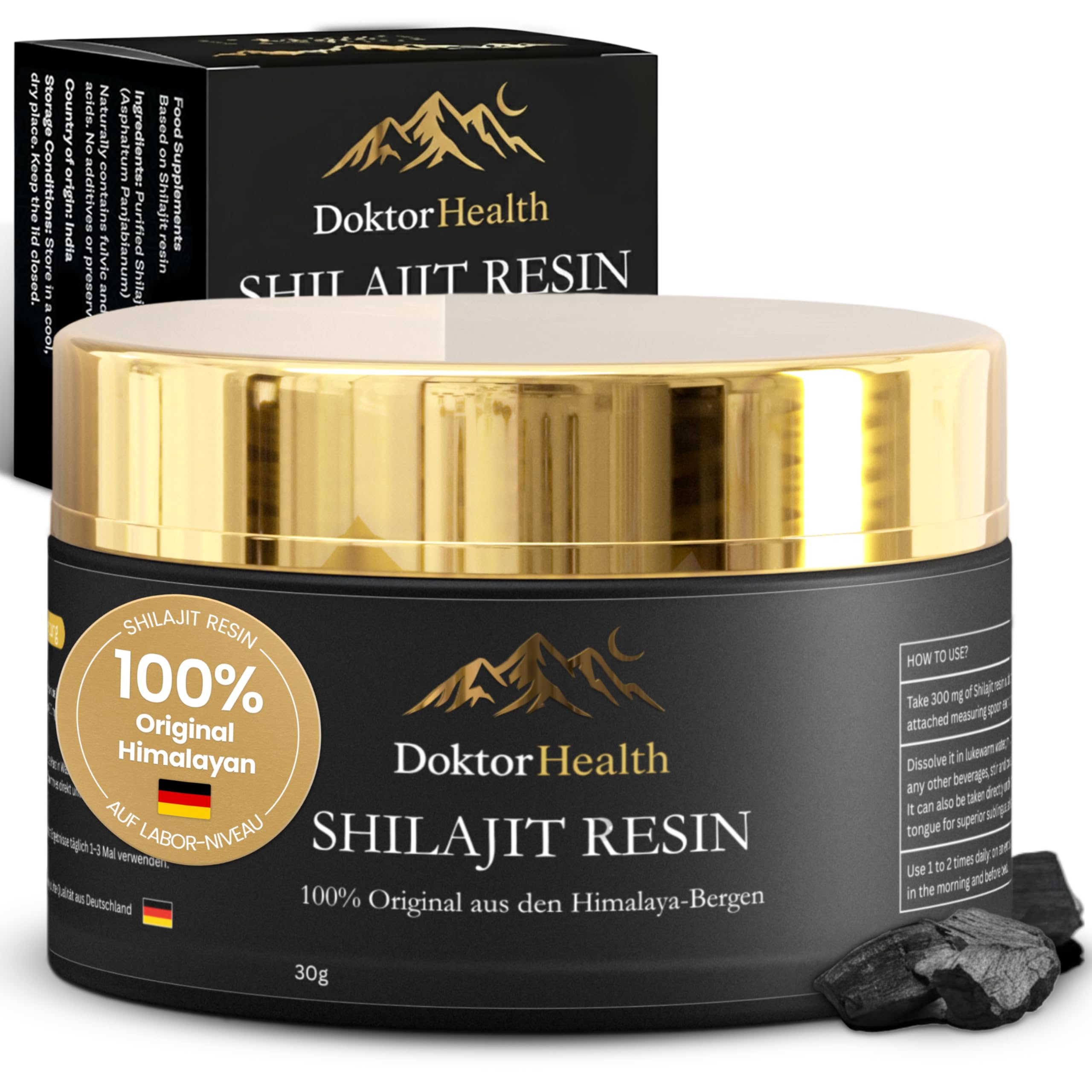 Premium Himalaya Shilajit – Hochdosiert 70% Fulvinsäure – 30g - 60 Tage Vorrat – Shilajit Original Himalaya Hochdosiert aus Himalaya Handernte Inkl. 600mg Dosierlöffel, vegan & laborgeprüft