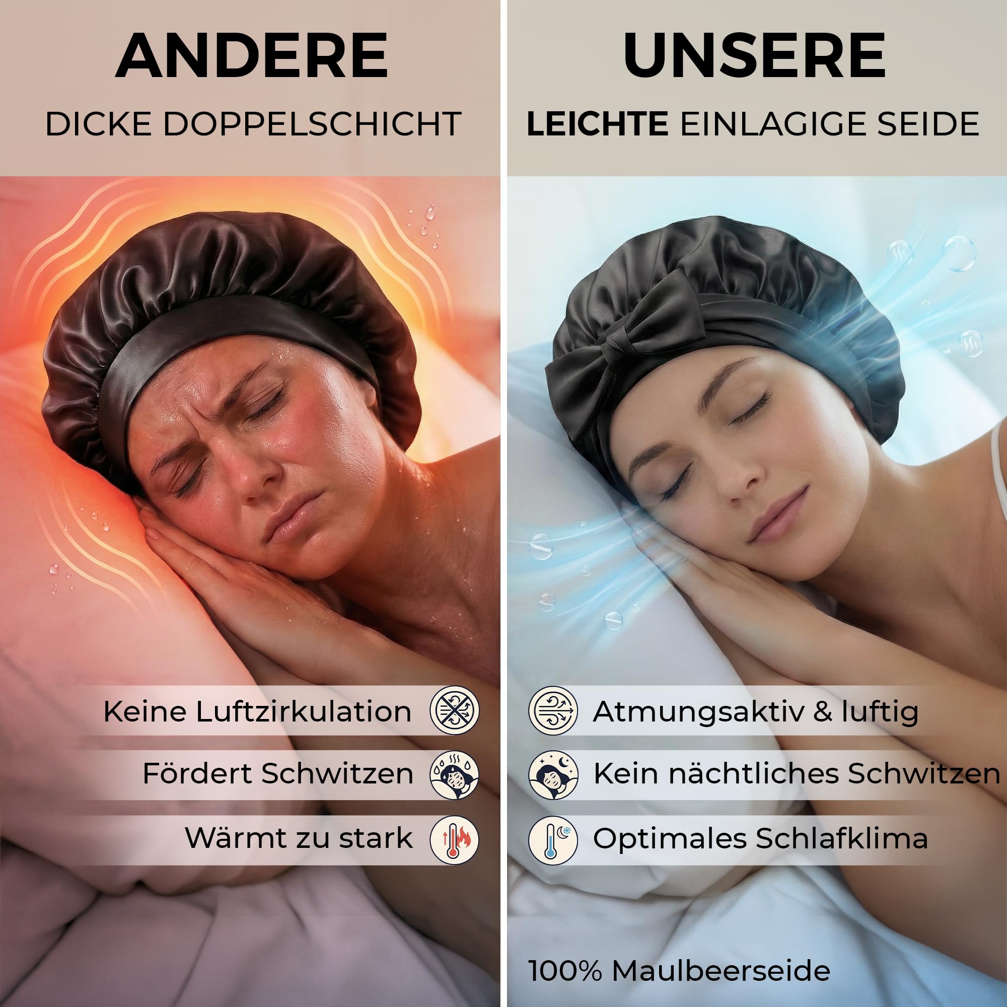 Seidenhaube zum Schlafen – Schlafhaube aus 100% Maulbeerseide, atmungsaktive und anpassbare Schlafmütze, Silk Bonnet, Haarhaube für die Nacht mit elastischem Band