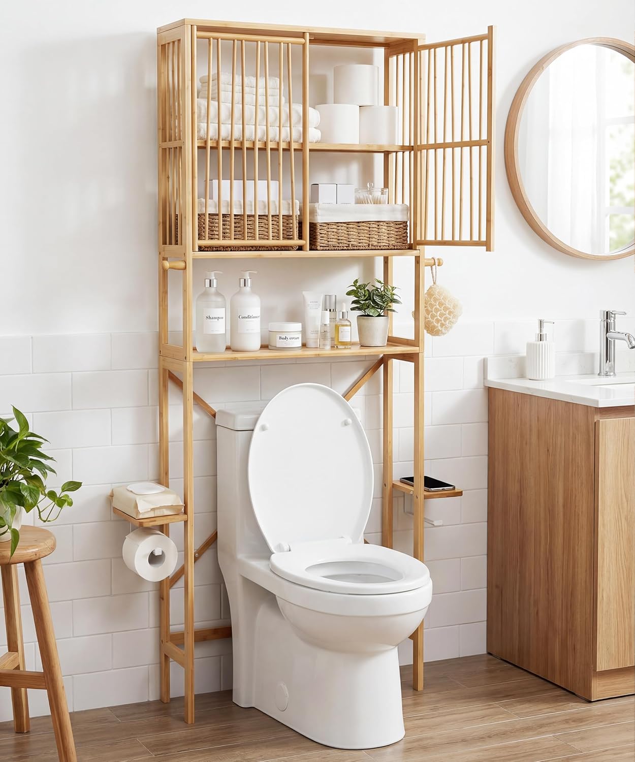 Afuly Bamboo Over the Toilet Storage Cabinet with Doors, Natural | Bathroom Shelves Over Toilet Organizers and Storage, Above Toilet Shelf with Paper Holder, Phone Stand and Hooks, Space Saver