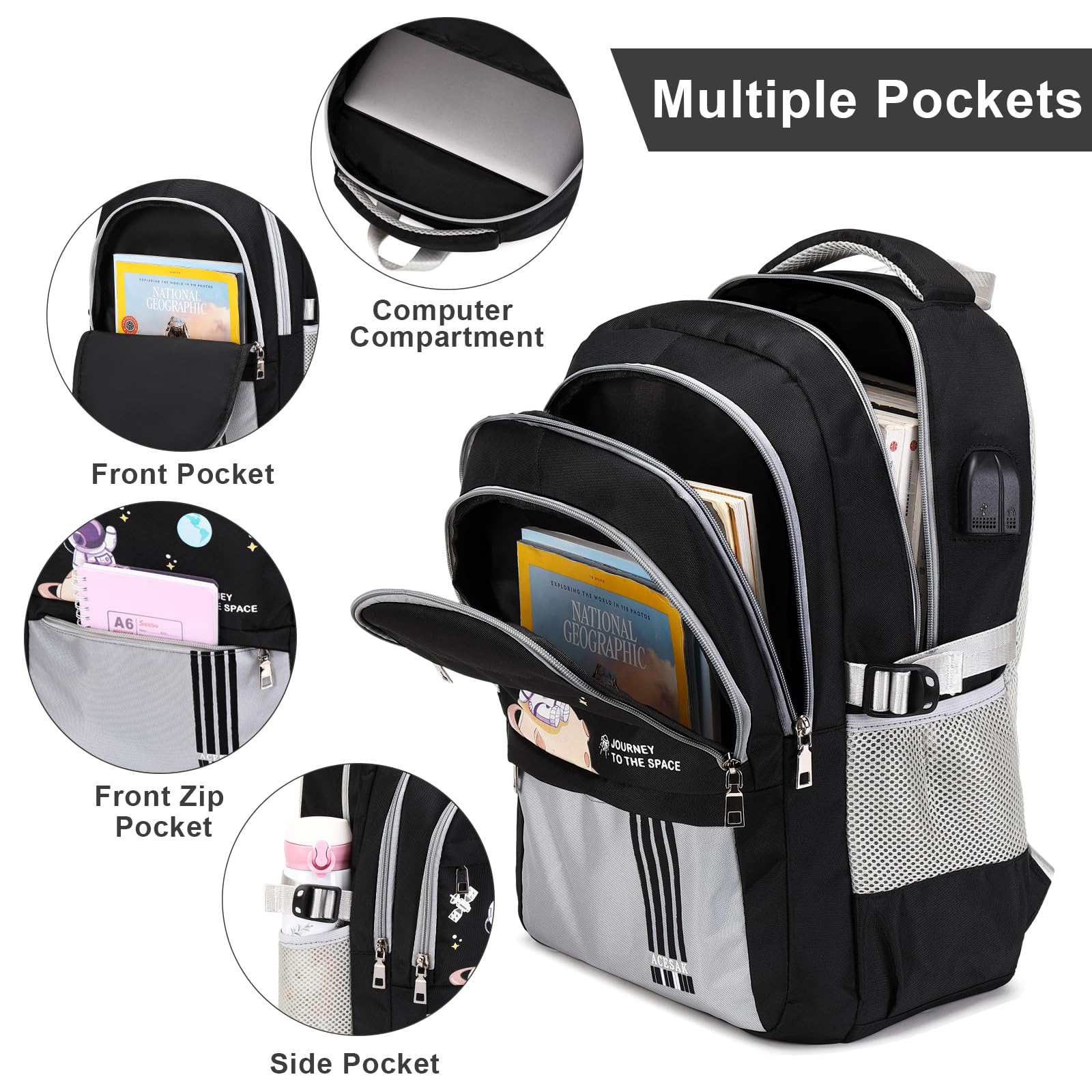 ACESAK Zaino per ragazzi – Zaino per bambini con borsa per il pranzo – Set di libri per bambini ragazzi ragazze adolescenti scuola elementare media, Grigio, Large, Zaini Daypack