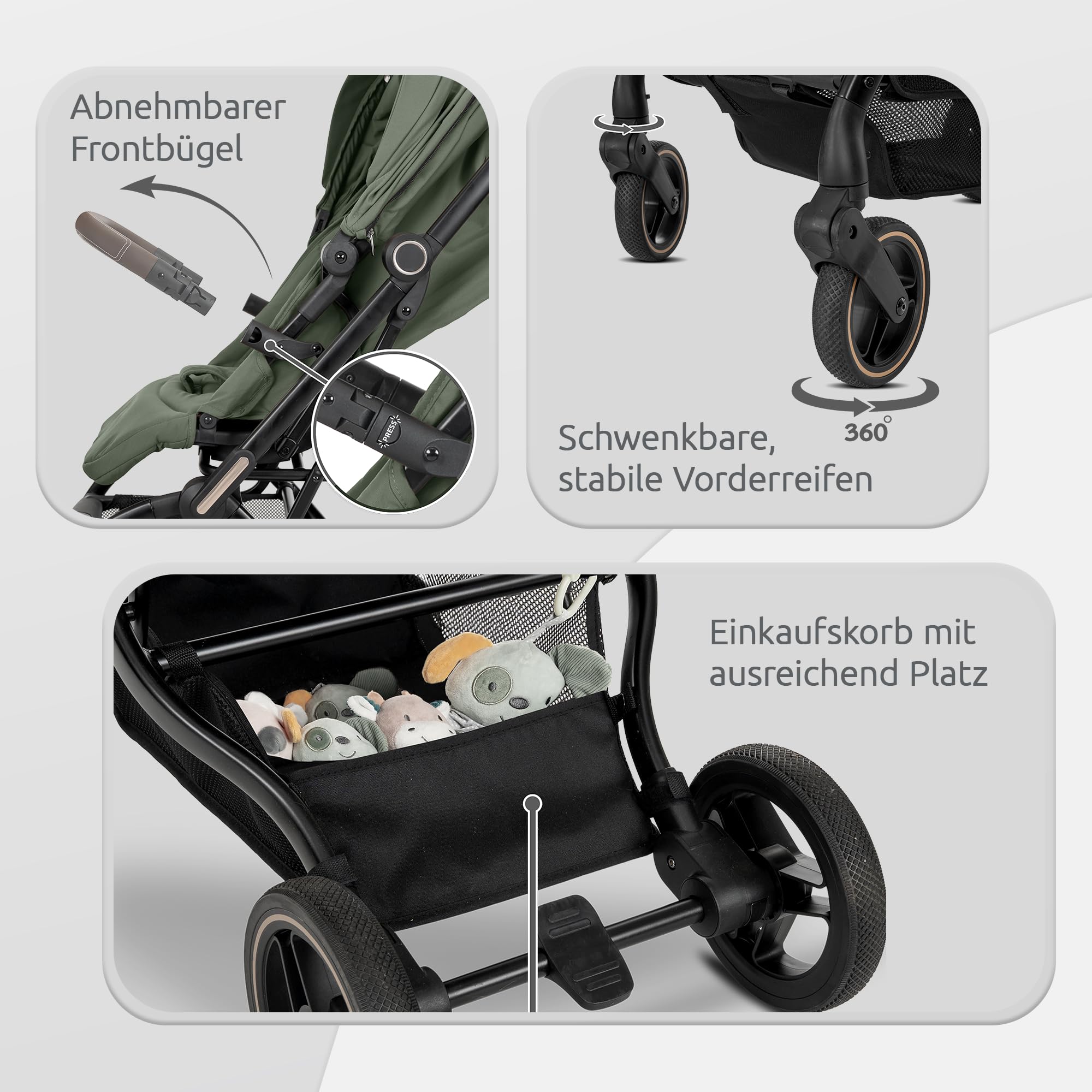 Lorelli Kinderwagen 360 Grad drehbar, Sport Buggy klein zusammenklappbar, bis 22kg, Alu-Rahmen, Grün