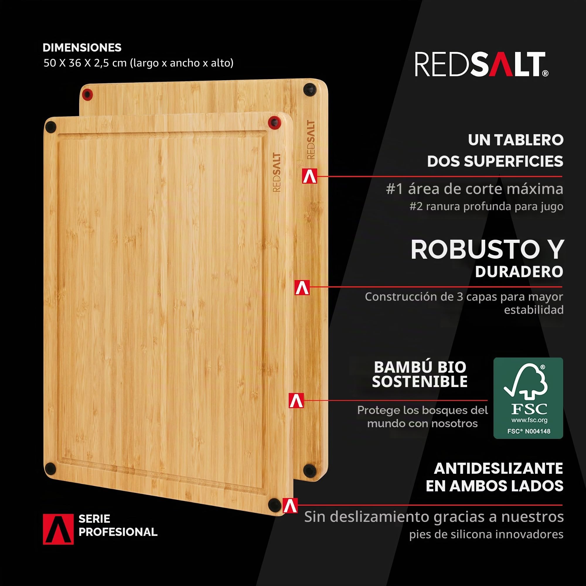 REDSALT® Innovadora tabla de cortar de madera de bambú, grande XL, 50x36x2,5cm, reversible, antideslizante, antibacteriana, surco profundo, tabla prémium para cocina, barbacoa, regalo sostenible