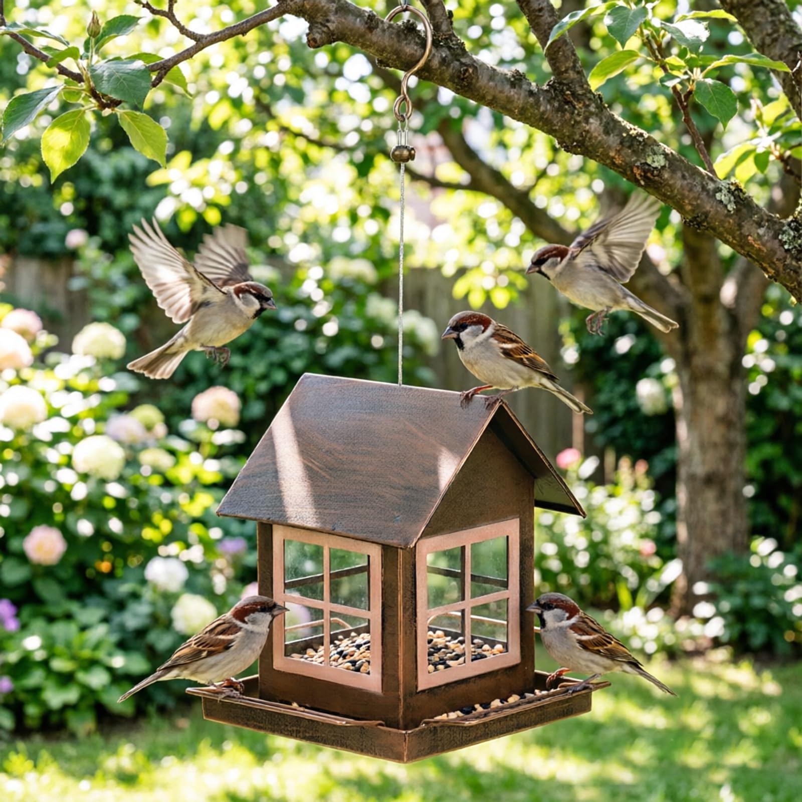 Mangiatoia per Uccelli per Giardino da Giardino Mangiatoia per Uccelli in Metallo Sospesa con Gancio Superiore e Vassoio Aperto, Mangiatoie da Esterno in Bronzo per Uccelli Selvatici Cortile Stazione