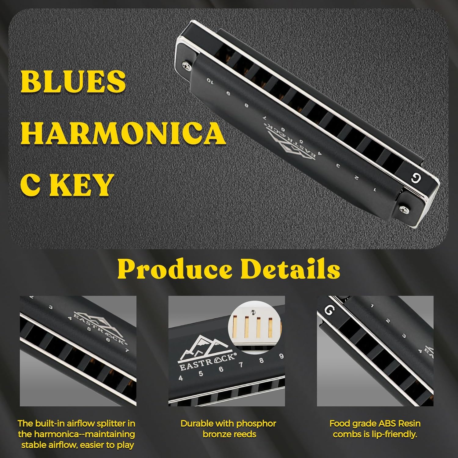 EastRock Harmonica, Blues Harmonica Mouth Organ 10 Hole G Key with Case, Diatonic Harmonica for Professional Player, Beginner, Students, Adult, Friends, Gifts（Matte Black Finish）