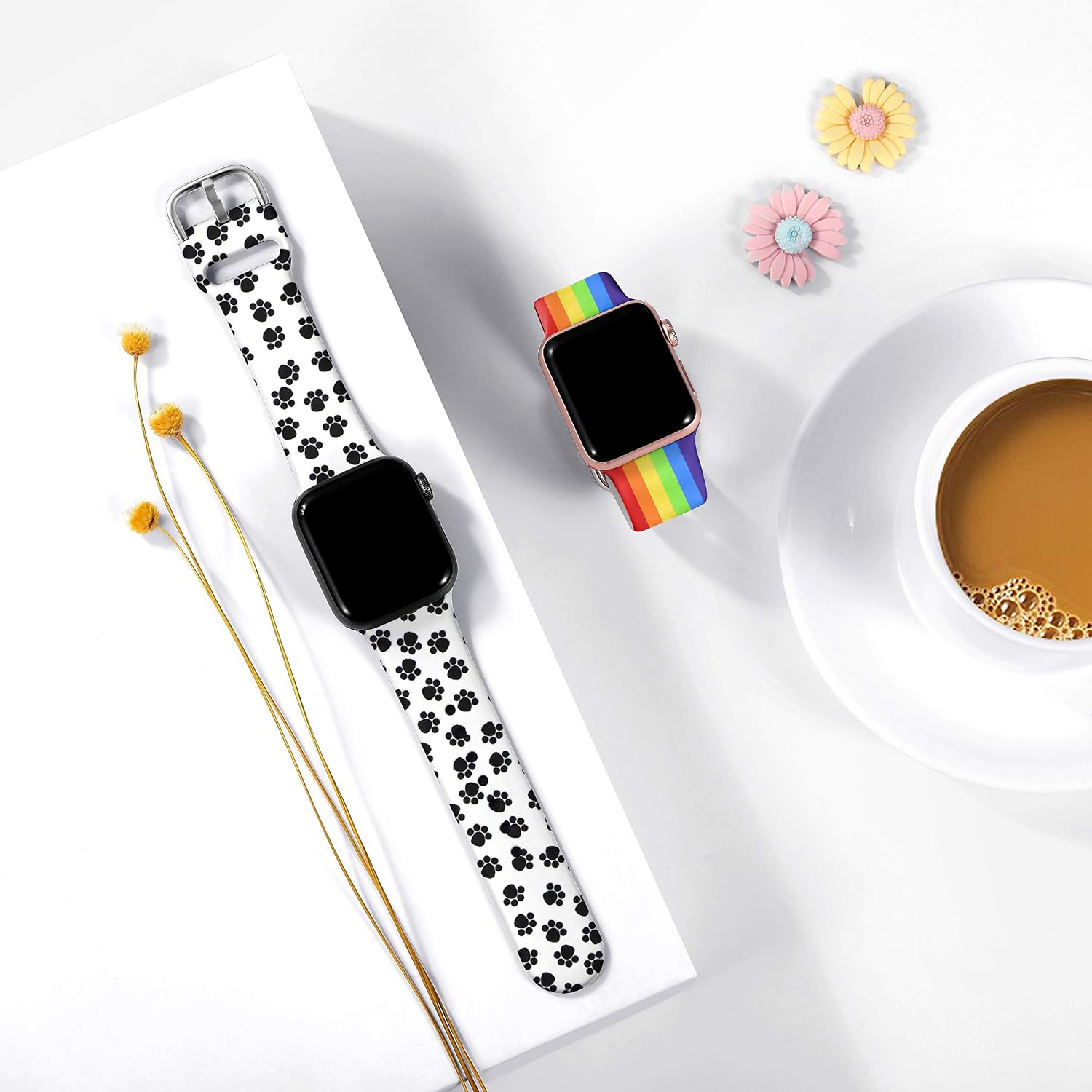 Dirrelo Compatible for Apple Watch Bands 40mm 38mm Soft Silicone Pattern Printed Band Strap for iWatch SE & Series 6 & Series 5 4 3 2 1 Women Men Wristband, S/M 2-Pack Paw & Rainbow