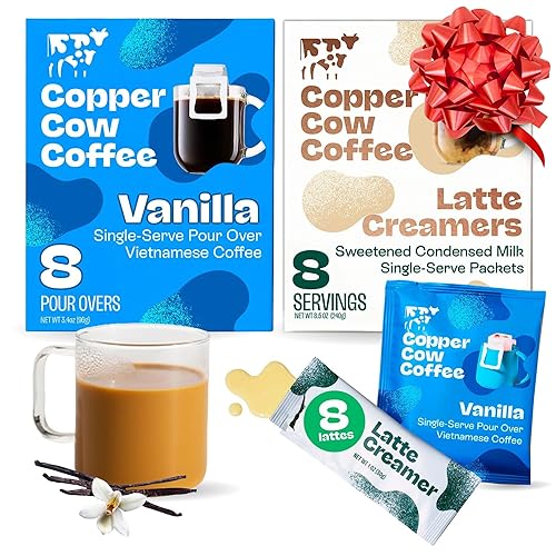 Copper Cow Coffee Pour Over Vietnamese Coffee Pouches + Sweetened Condensed Milk Creamers (8 Coffees & 8 Milk Creamers) | Vanilla Lattes, No