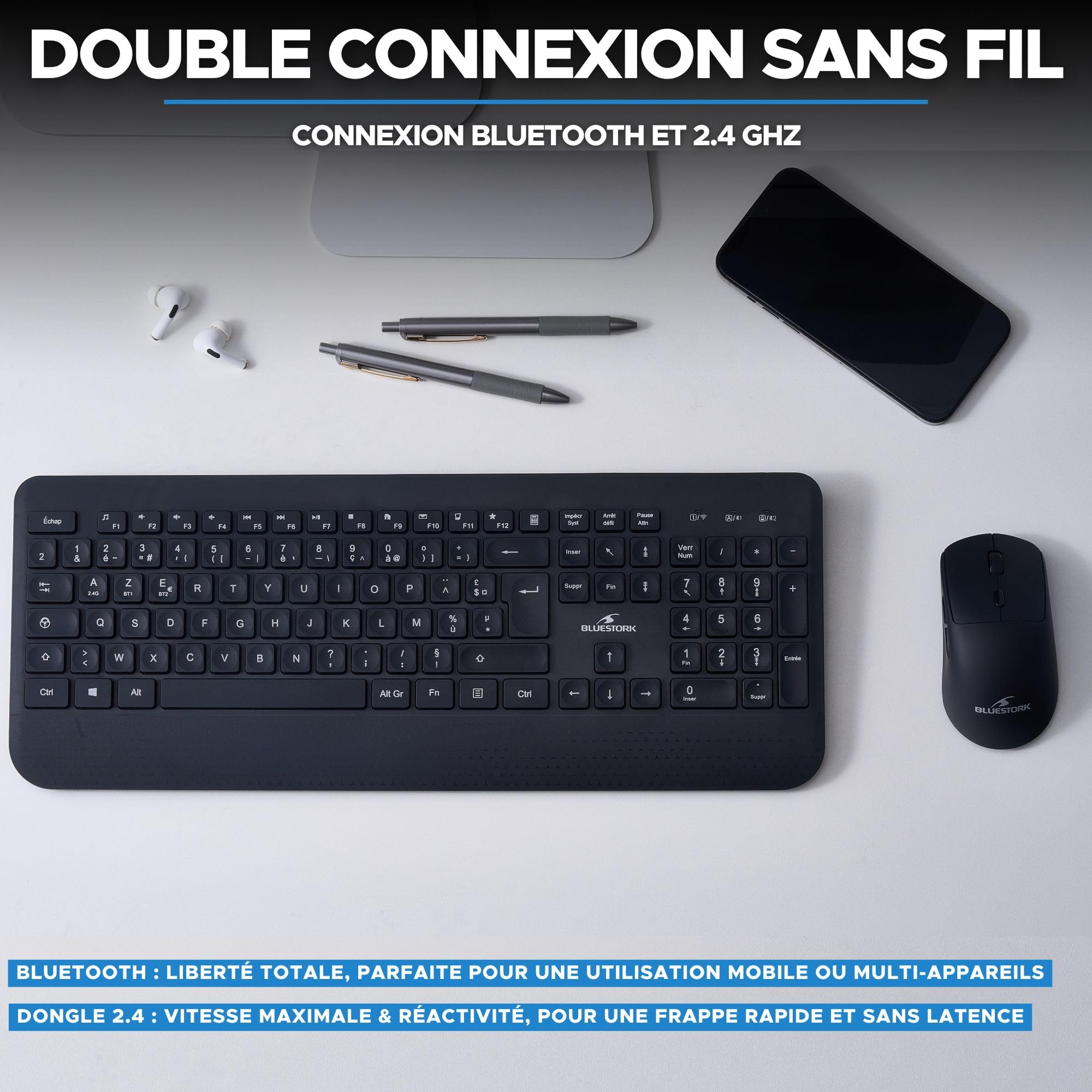Bluestork Pack Office R2 - Clavier & Souris sans Fil Rechargeable | AZERTY FR, Sans Fil Double Connexion Bluetooth & 2.4GHz, Clavier Rechargeable + Souris Légère, 120H Autonomie