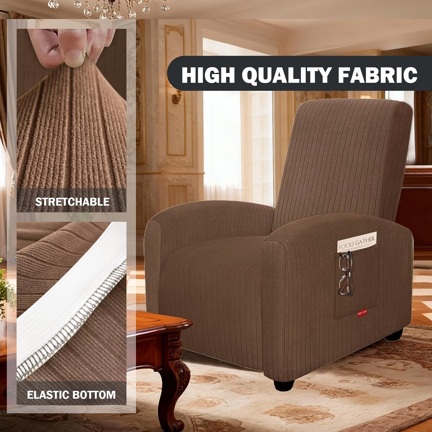 3 Pieces Striped Pattern Extra Small Recliner Chair Covers Stretch Recliner Slipcover for Lazy Boy Wide Recliner Chair Washable (S 1 Seater，Brown)
